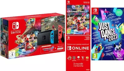 Nintendo Switch Neon Red/Neon Blue with Mario Kart 8 Deluxe + 3 Months of Nintendo Switch Online + Just Dance 2022
